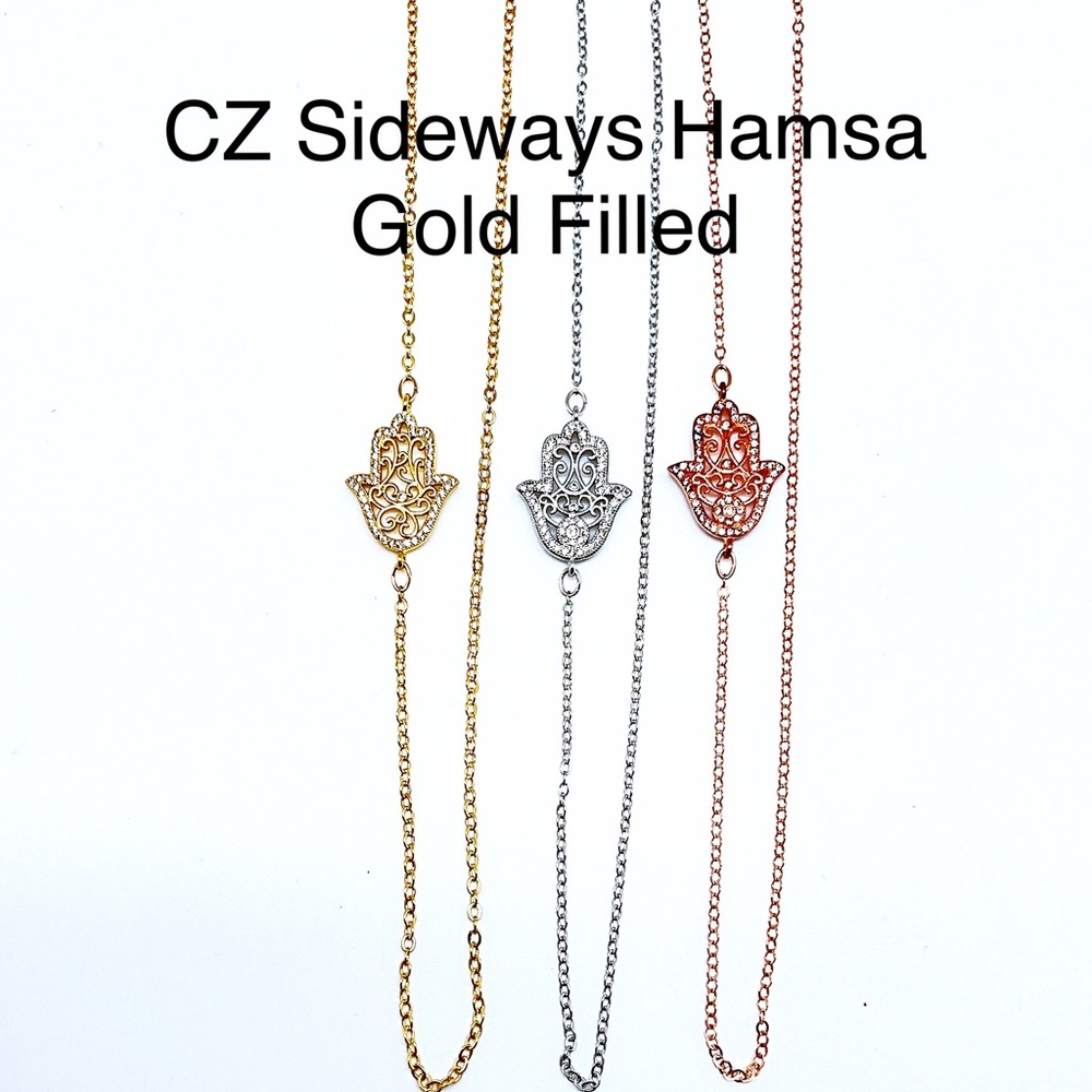 CZ Gold Filled Hamsa Sideways Necklace or Centered, White/Yellow/Rose, NWT!